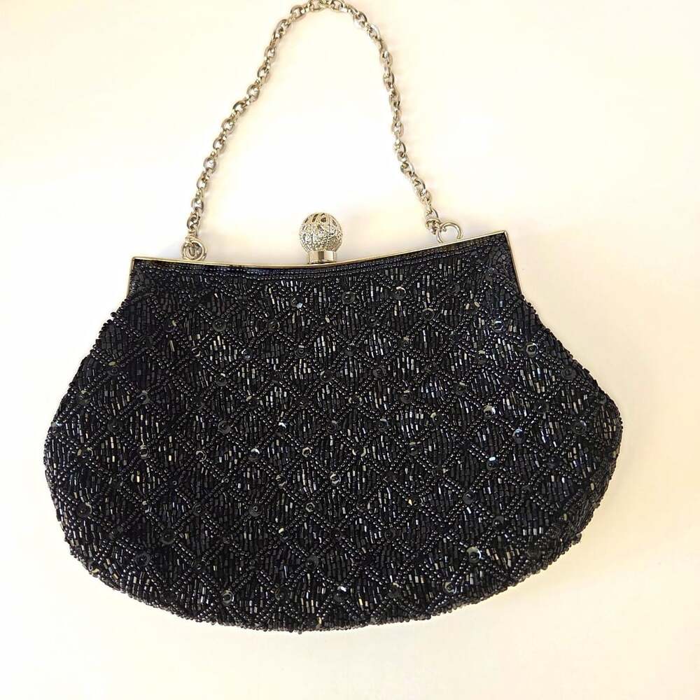 Menbur Black Beaded Clutch Evening Bag Silver Chain Strap Filigree Clasp Closure